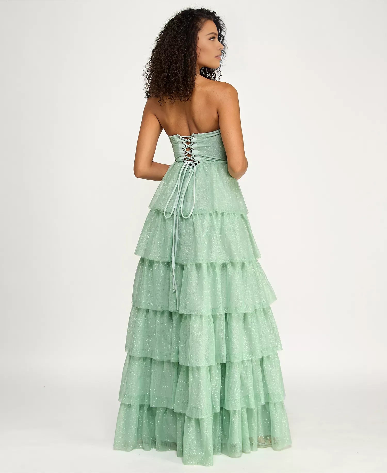 Elegante vestido de fiesta largo hasta el suelo, con corsé escalonado, de tul, sin tirantes y corte en A