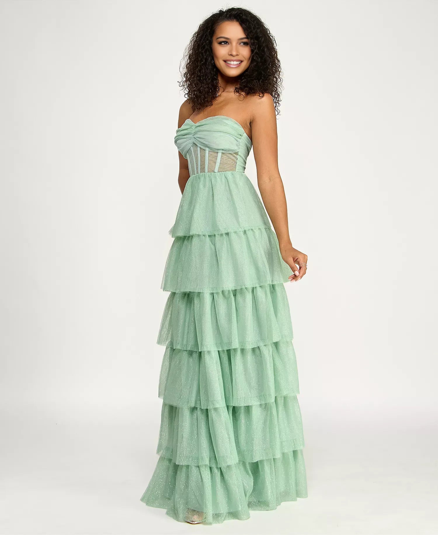 Elegante vestido de fiesta largo hasta el suelo, con corsé escalonado, de tul, sin tirantes y corte en A