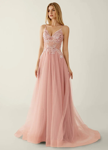 Elegant A-Line Sweetheart Beaded Tulle Evening Gown Corset Back Slit Prom Dress