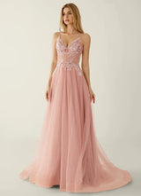 Elegant A-Line Sweetheart Beaded Tulle Evening Gown Corset Back Slit Prom Dress