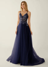 Elegant A-Line Sweetheart Beaded Tulle Evening Gown Corset Back Slit Prom Dress