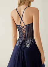 Elegant A-Line Sweetheart Beaded Tulle Evening Gown Corset Back Slit Prom Dress