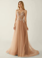 Elegant A-Line Sweetheart Beaded Tulle Evening Gown Corset Back Slit Prom Dress