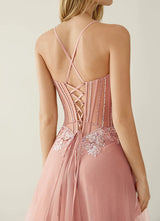 Elegant A-Line Sweetheart Beaded Tulle Evening Gown Corset Back Slit Prom Dress