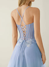 Elegant A-Line Sweetheart Beaded Tulle Evening Gown Corset Back Slit Prom Dress