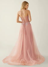 Elegant A-Line Sweetheart Beaded Tulle Evening Gown Corset Back Slit Prom Dress