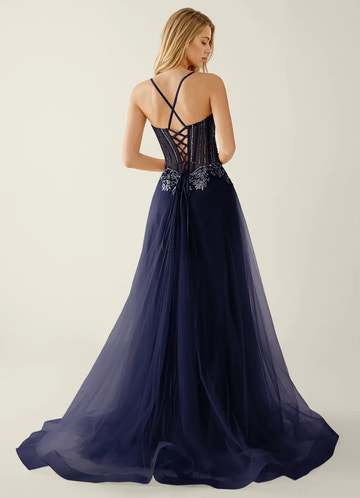Elegant A-Line Sweetheart Beaded Tulle Evening Gown Corset Back Slit Prom Dress
