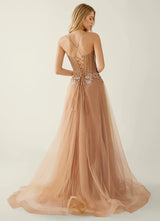 Elegant A-Line Sweetheart Beaded Tulle Evening Gown Corset Back Slit Prom Dress