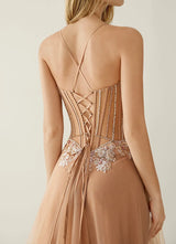 Elegant A-Line Sweetheart Beaded Tulle Evening Gown Corset Back Slit Prom Dress