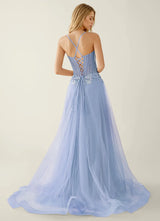 Elegant A-Line Sweetheart Beaded Tulle Evening Gown Corset Back Slit Prom Dress
