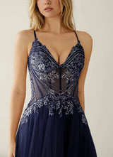 Elegant A-Line Sweetheart Beaded Tulle Evening Gown Corset Back Slit Prom Dress