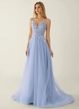 Elegant A-Line Sweetheart Beaded Tulle Evening Gown Corset Back Slit Prom Dress
