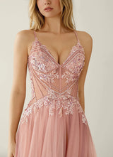 Elegant A-Line Sweetheart Beaded Tulle Evening Gown Corset Back Slit Prom Dress