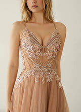 Elegant A-Line Sweetheart Beaded Tulle Evening Gown Corset Back Slit Prom Dress