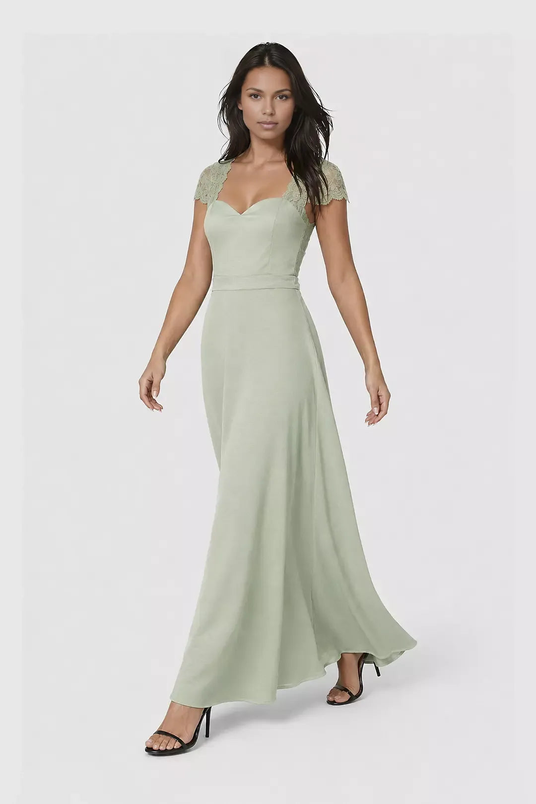 Elegant A-Line Sweetheart Short Chiffon Long Lace Cap Sleeve Bridesmaids Dress Back Evening Dress