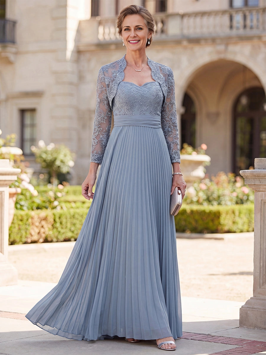 Vedress Dusty Blue Pleated A‑Line Mother Of The Bride Dress With Lace Bolero Jacket Front View