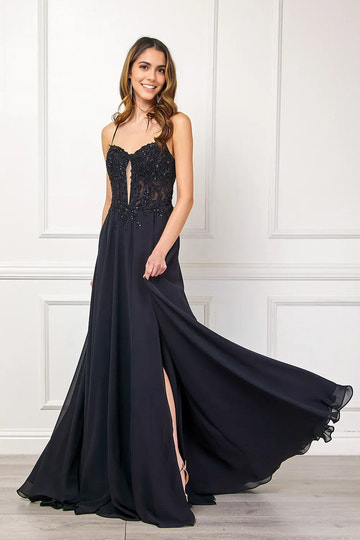 Elegant A-Line Sweetheart Spaghetti Strap Chiffon Long Lace Slit Prom Dress