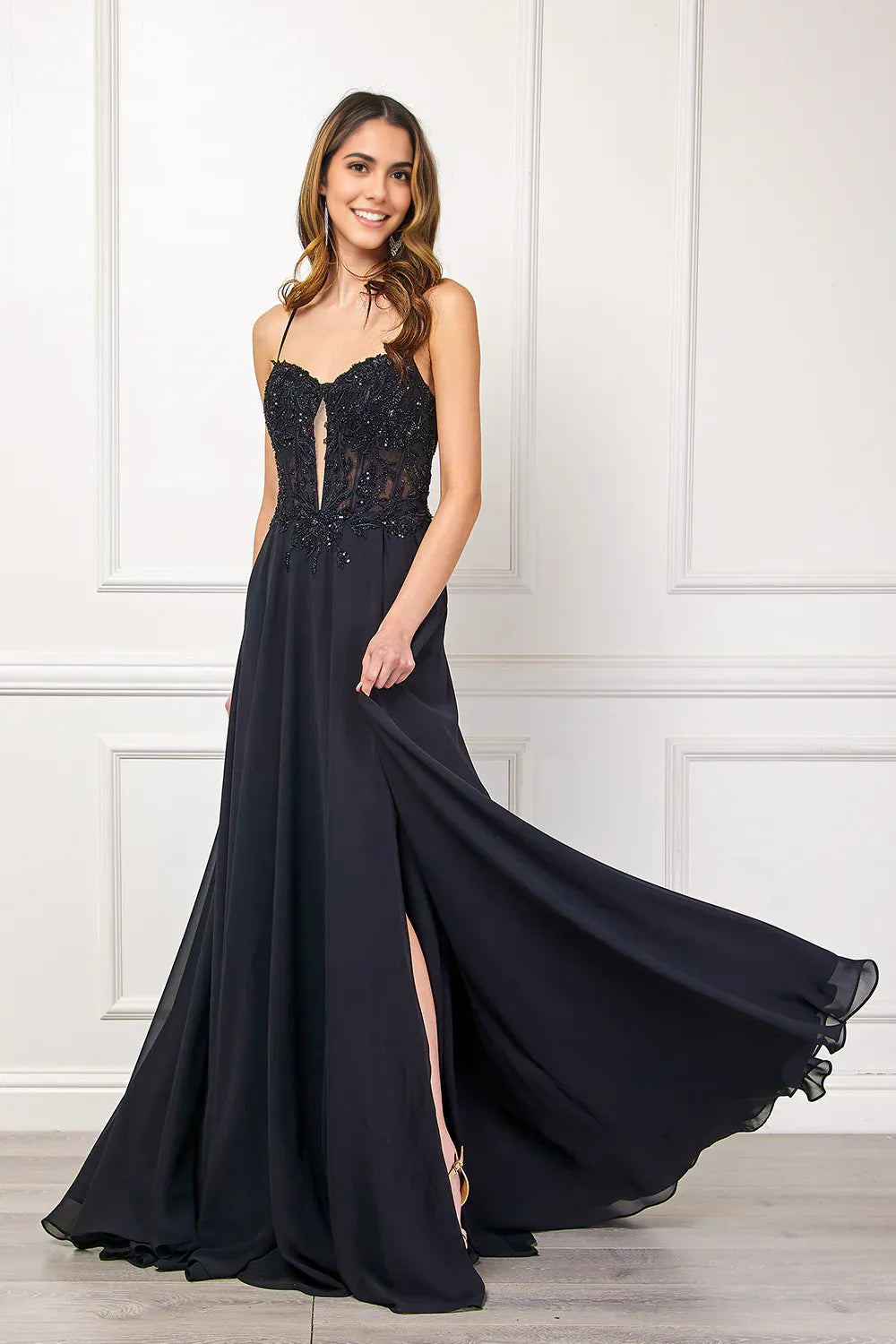 Elegant A-Line Sweetheart Spaghetti Strap Chiffon Long Lace Slit Prom Dress