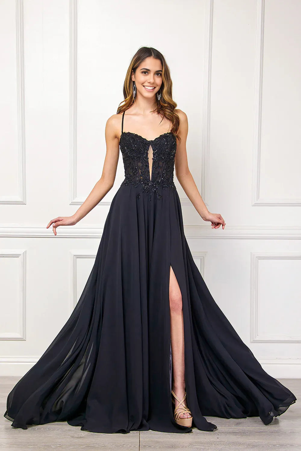 Elegant A-Line Sweetheart Spaghetti Strap Chiffon Long Lace Slit Prom Dress