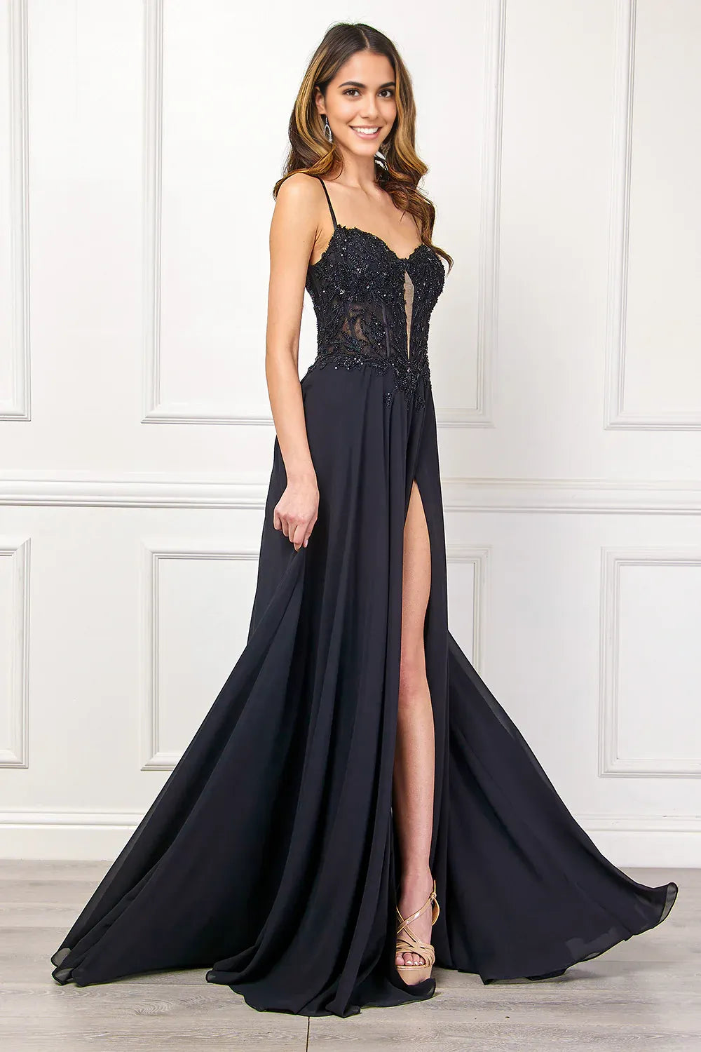 Elegant A-Line Sweetheart Spaghetti Strap Chiffon Long Lace Slit Prom Dress