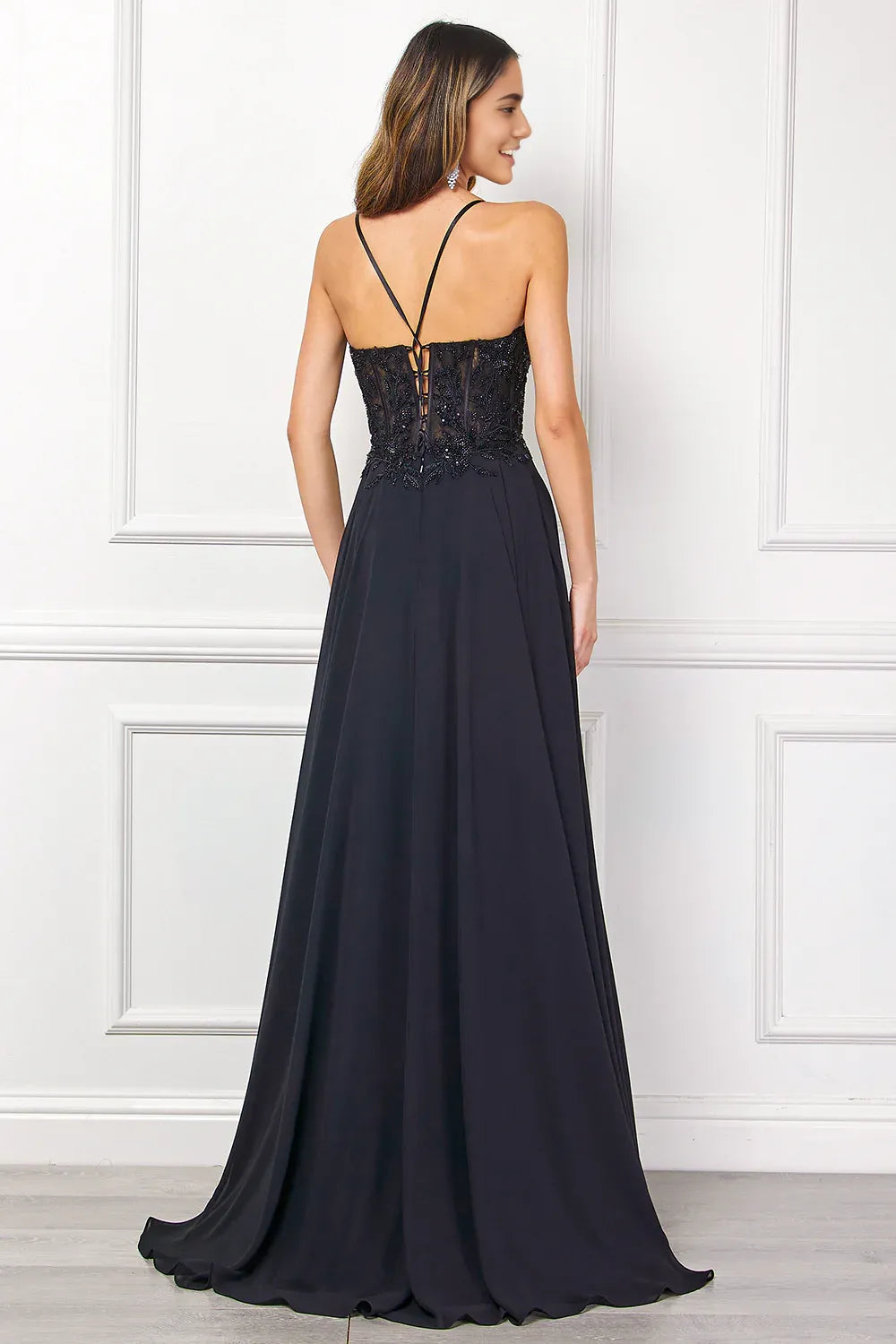 Elegant A-Line Sweetheart Spaghetti Strap Chiffon Long Lace Slit Prom Dress