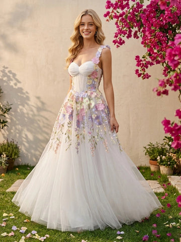 Vedress white tulle pastel 3D floral spaghetti strap sweetheart long wedding dress