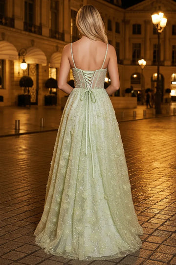 Elegant A Line Sweetheart Tulle Floral Embroidered Maxi Corset Prom Dress Beaded Evening Dress