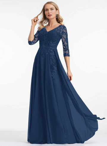 Vedress Navy Blue V‑Neck 3/4 Sleeve Lace Mother Dress Front View