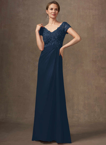 Vedress Navy V‑Neck Cap‑Sleeve Lace Chiffon Long Mother Dress Front View