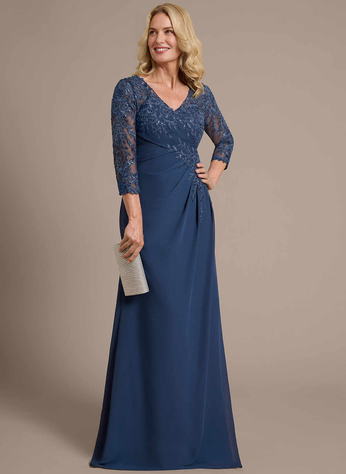 Vedress Navy V‑Neck Sequin Lace 3/4 Sleeve Chiffon Mother Dress Front View