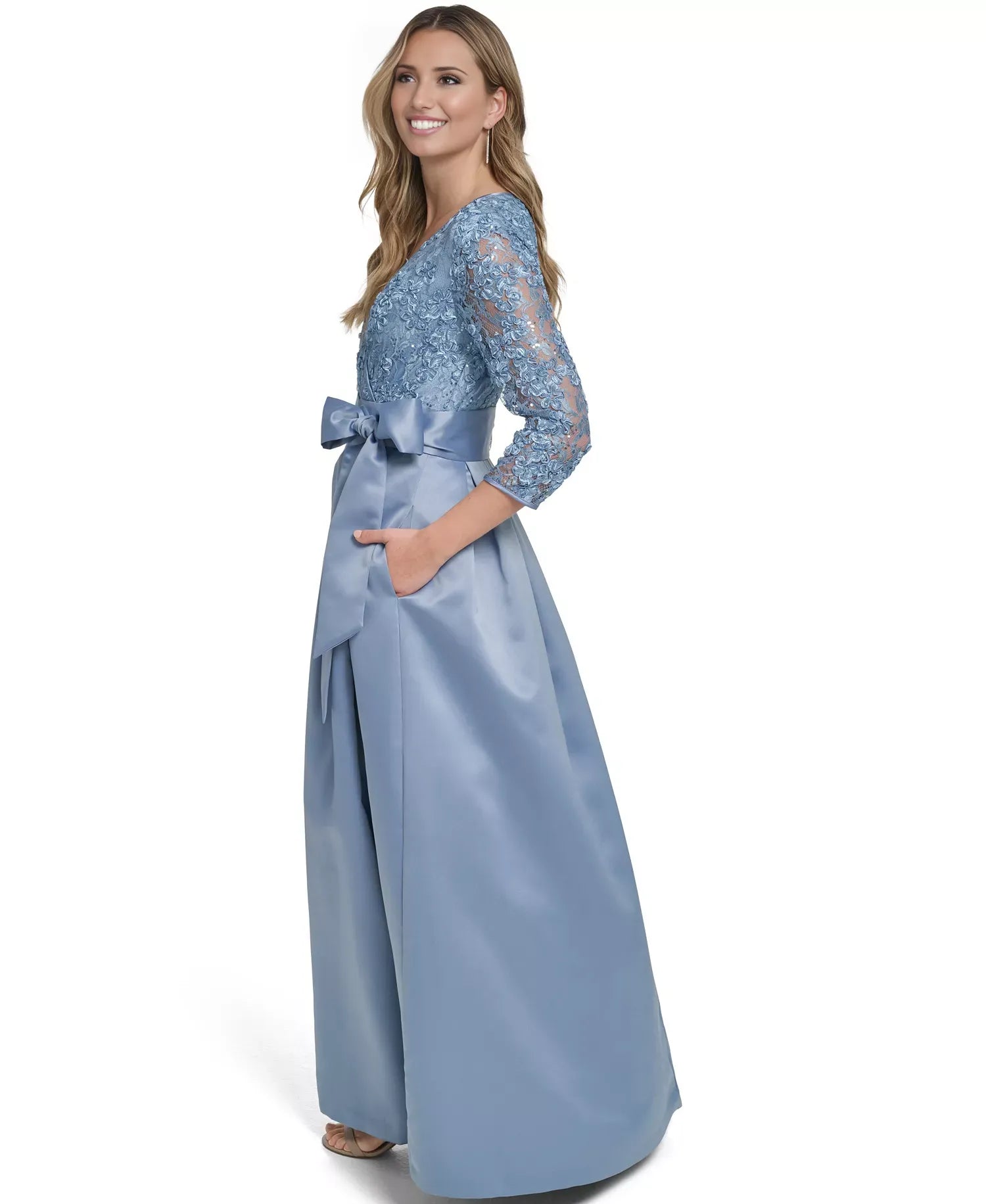 Elegant A-Line V-Neck Lace Satin Gown Mother of the Bride Dress With Bow