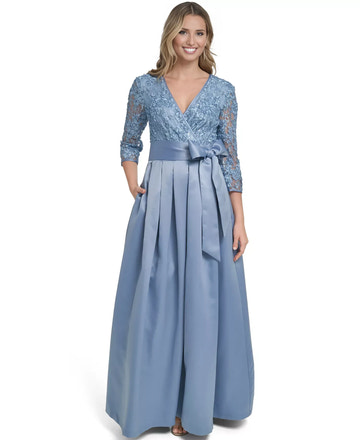 Elegant A-Line V-Neck Lace Satin Gown Mother of the Bride Dress With Bow