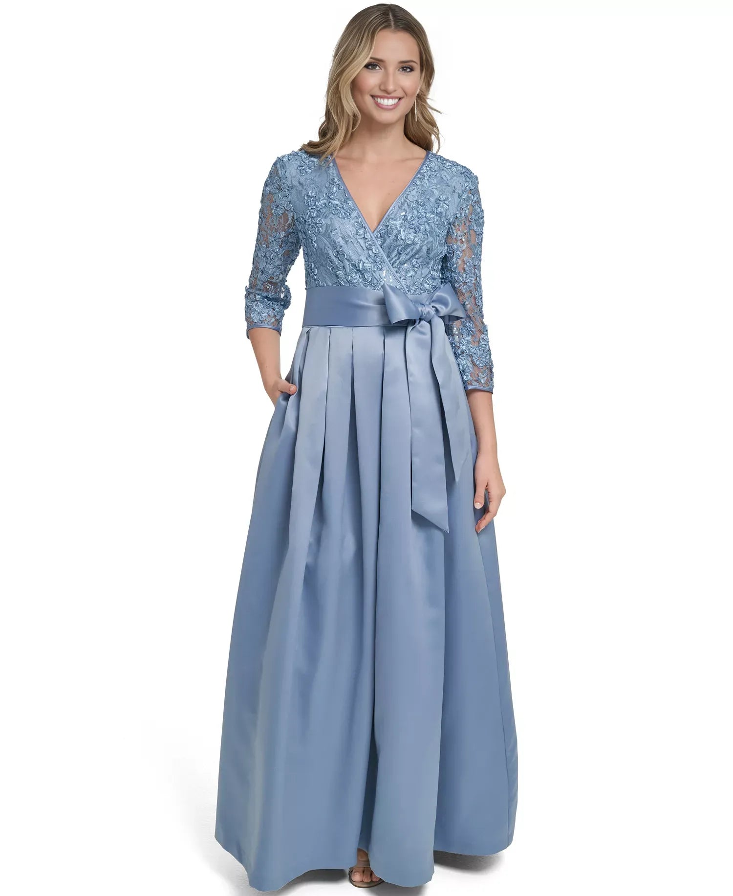 Elegant A-Line V-Neck Lace Satin Gown Mother of the Bride Dress With Bow
