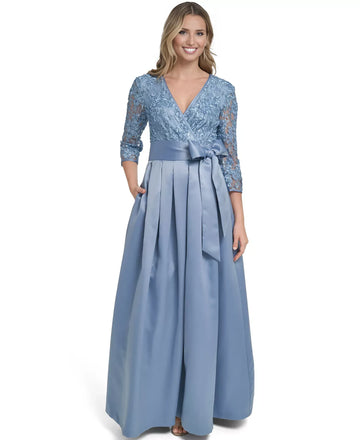 Elegante vestido de satén con encaje en línea A y escote en V para la madre de la novia con lazo