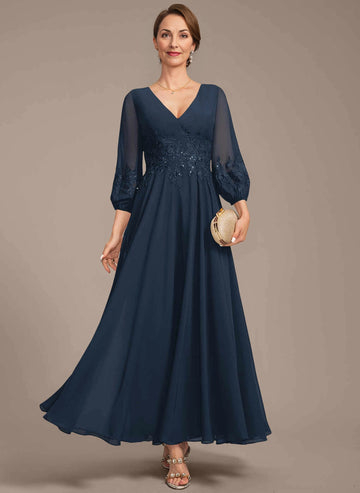 Vedress navy chiffon mother of the bride dress, v neck sheer lantern 3/4 sleeves, lace waist applique, zip‑back floor gown