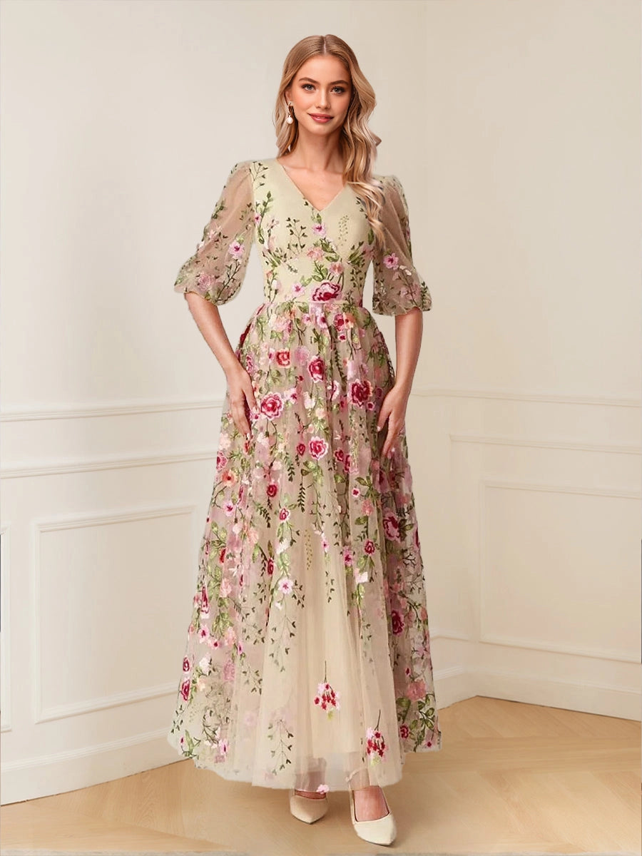 vedress champagne plus size mother dress v neck puff elbow sleeve floral embroidery tulle a-line floor gown
