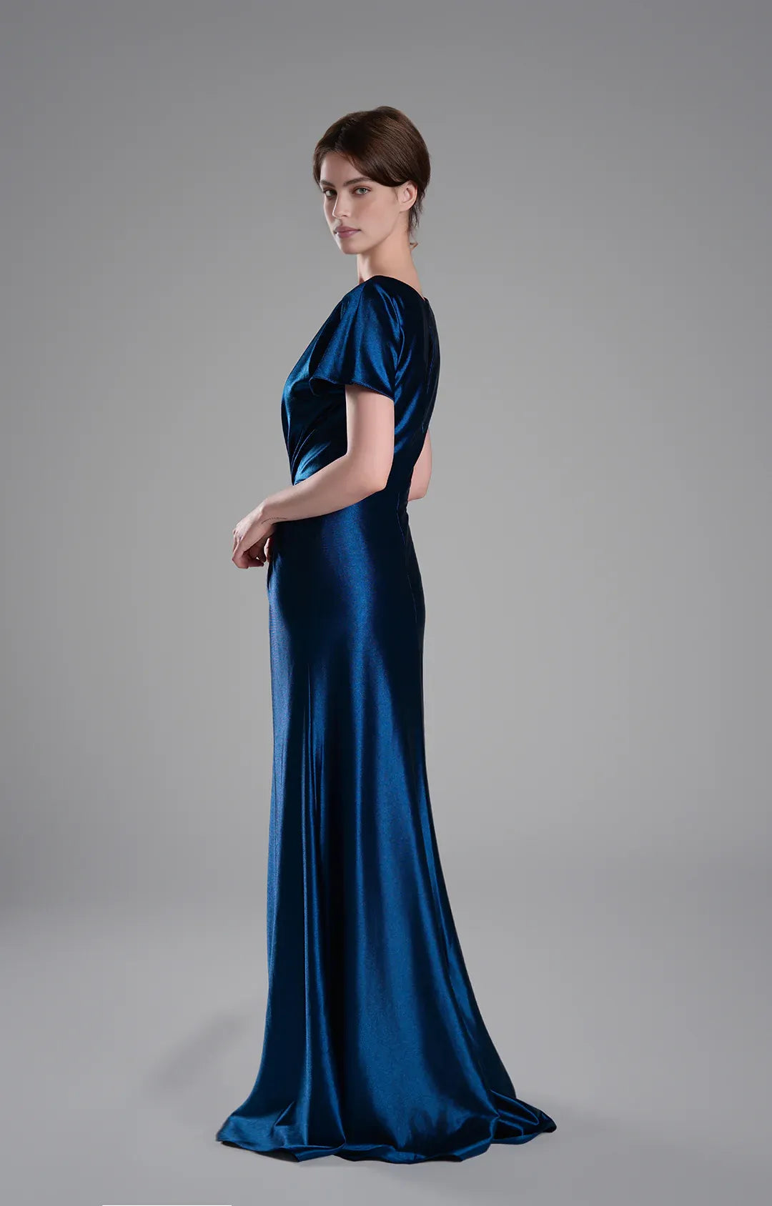 Elegant A-Line V-Neck Short Sleeve Satin Floor Length Twist Knot Evening Dress