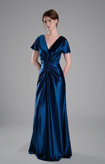 Elegant A-Line V-Neck Short Sleeve Satin Floor Length Twist Knot Evening Dress