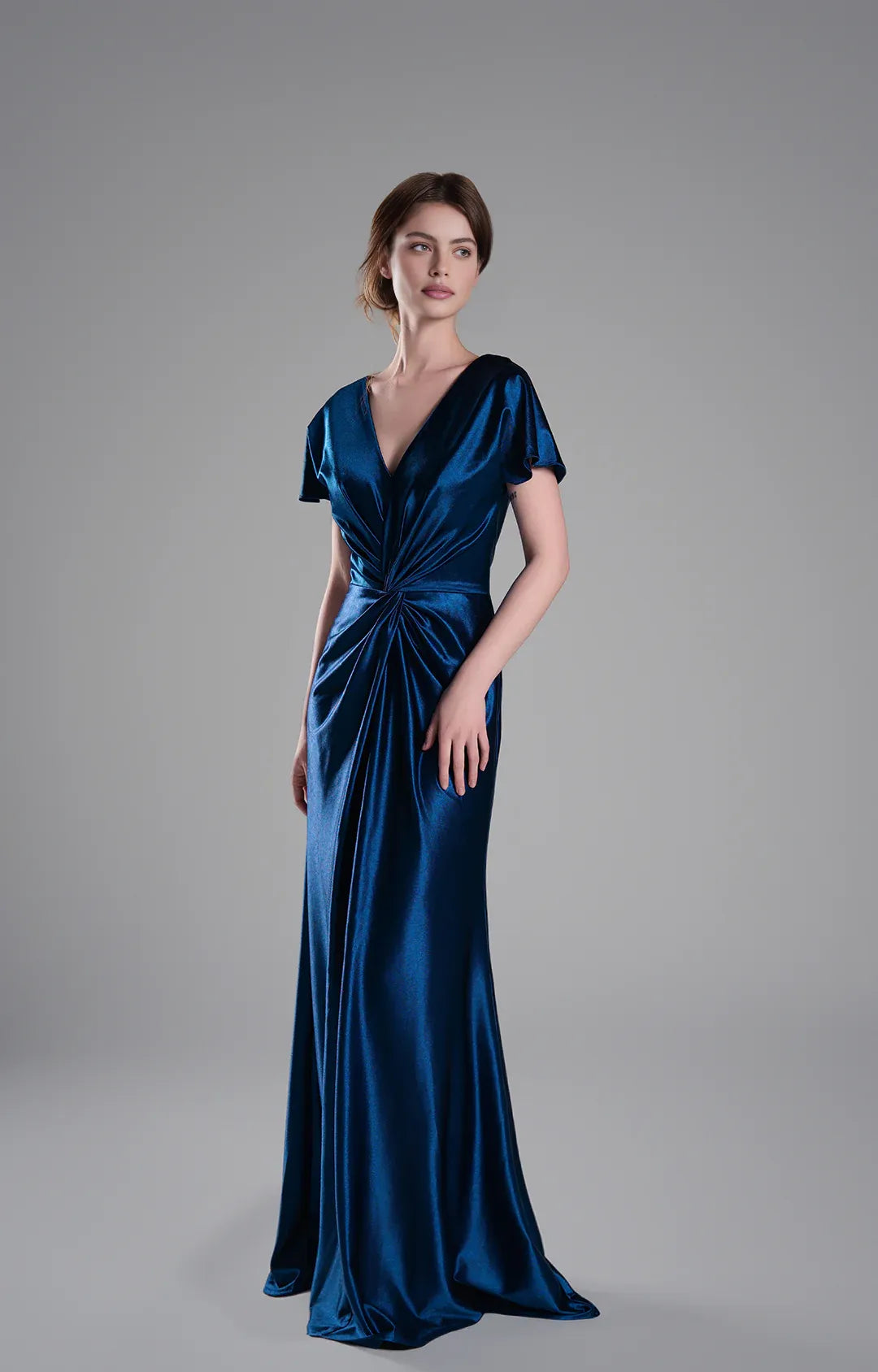 Elegant A-Line V-Neck Short Sleeve Satin Floor Length Twist Knot Evening Dress