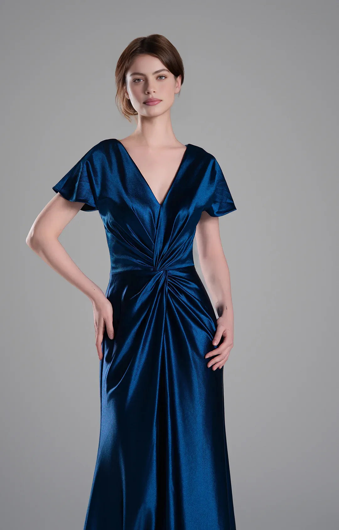 Elegant A-Line V-Neck Short Sleeve Satin Floor Length Twist Knot Evening Dress