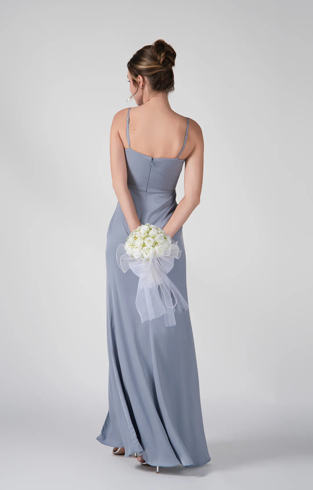 Elegant A-Line V-Neck Sleeveless Satin Bridesmaids Dress Floor Length Ruched Slit Evening Dress