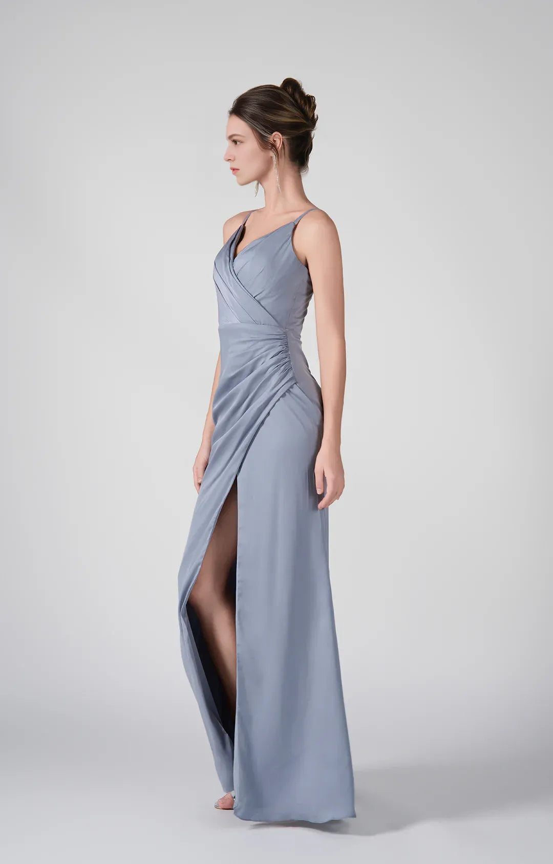 Elegant A-Line V-Neck Sleeveless Satin Bridesmaids Dress Floor Length Ruched Slit Evening Dress