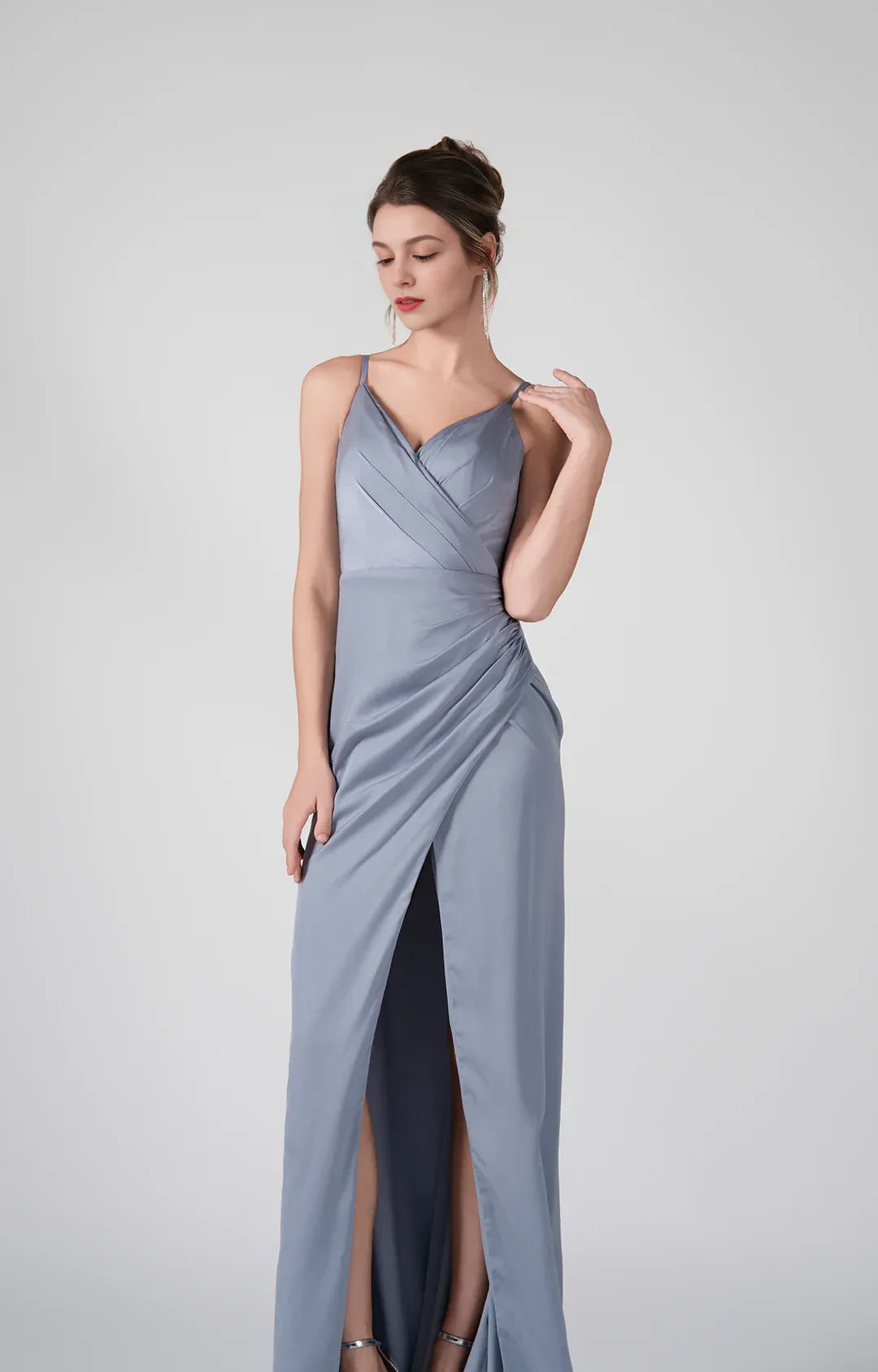 Elegant A-Line V-Neck Sleeveless Satin Bridesmaids Dress Floor Length Ruched Slit Evening Dress