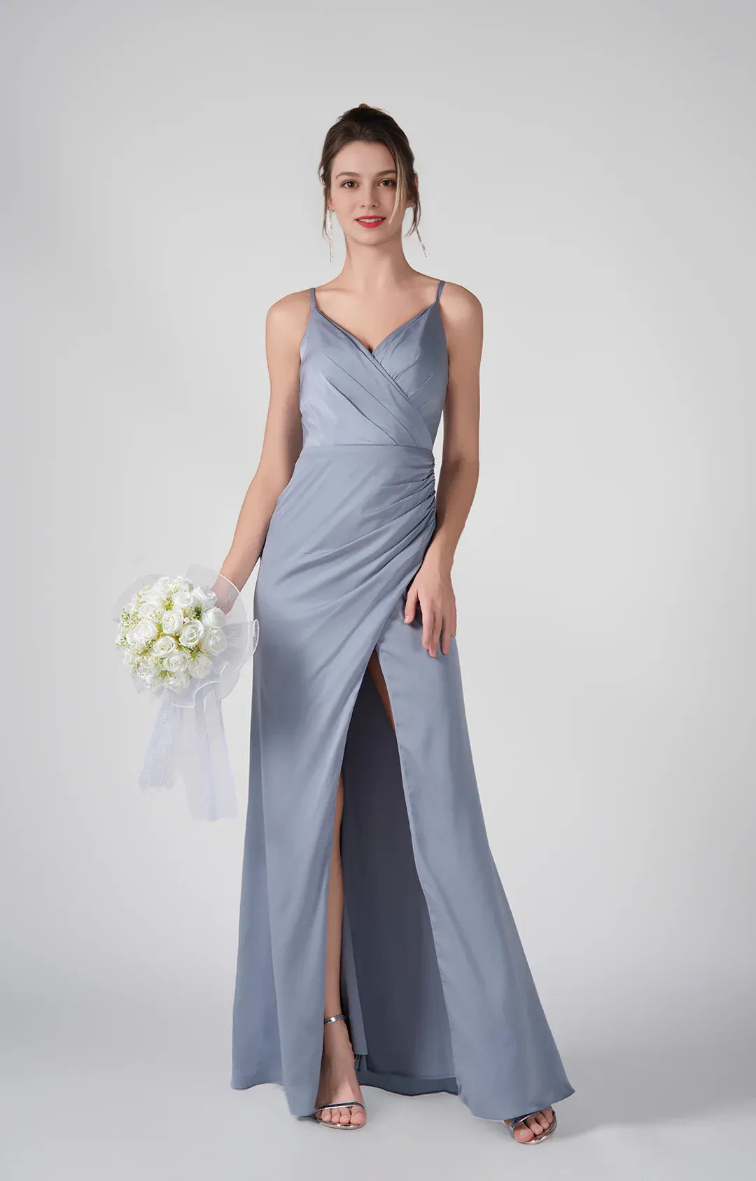 Elegant A-Line V-Neck Sleeveless Satin Bridesmaids Dress Floor Length Ruched Slit Evening Dress