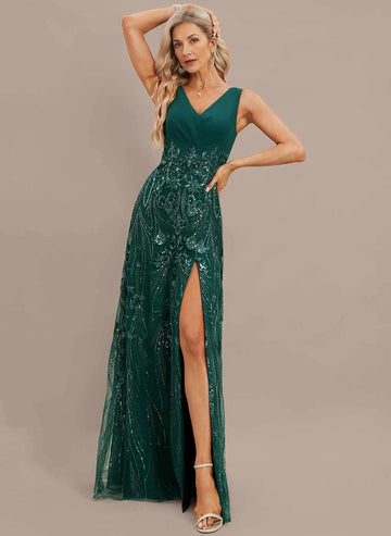 Vedress Emerald Green V‑Neck Slit Beaded Mother Dress Front View