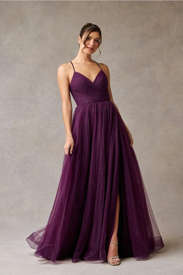 Elegant A-Line V-Neck Spaghetti Strap Tulle Long Beaded Slit Prom Dress