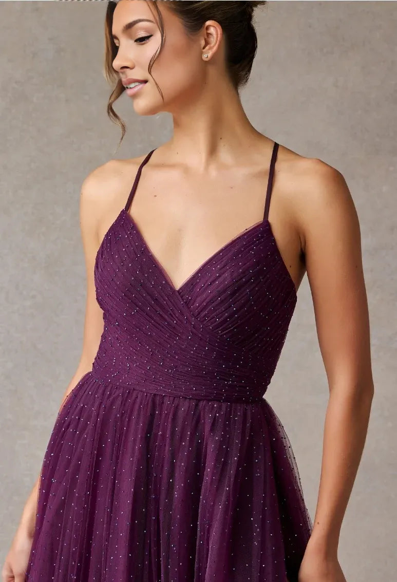Elegant A-Line V-Neck Spaghetti Strap Tulle Long Beaded Slit Prom Dress