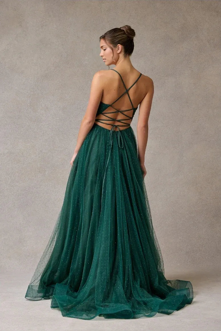 Elegant A-Line V-Neck Spaghetti Strap Tulle Long Beaded Slit Prom Dress