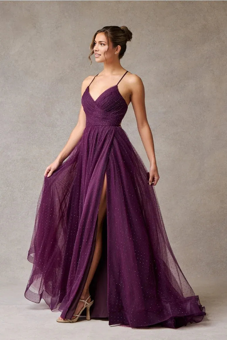 Elegant A-Line V-Neck Spaghetti Strap Tulle Long Beaded Slit Prom Dress