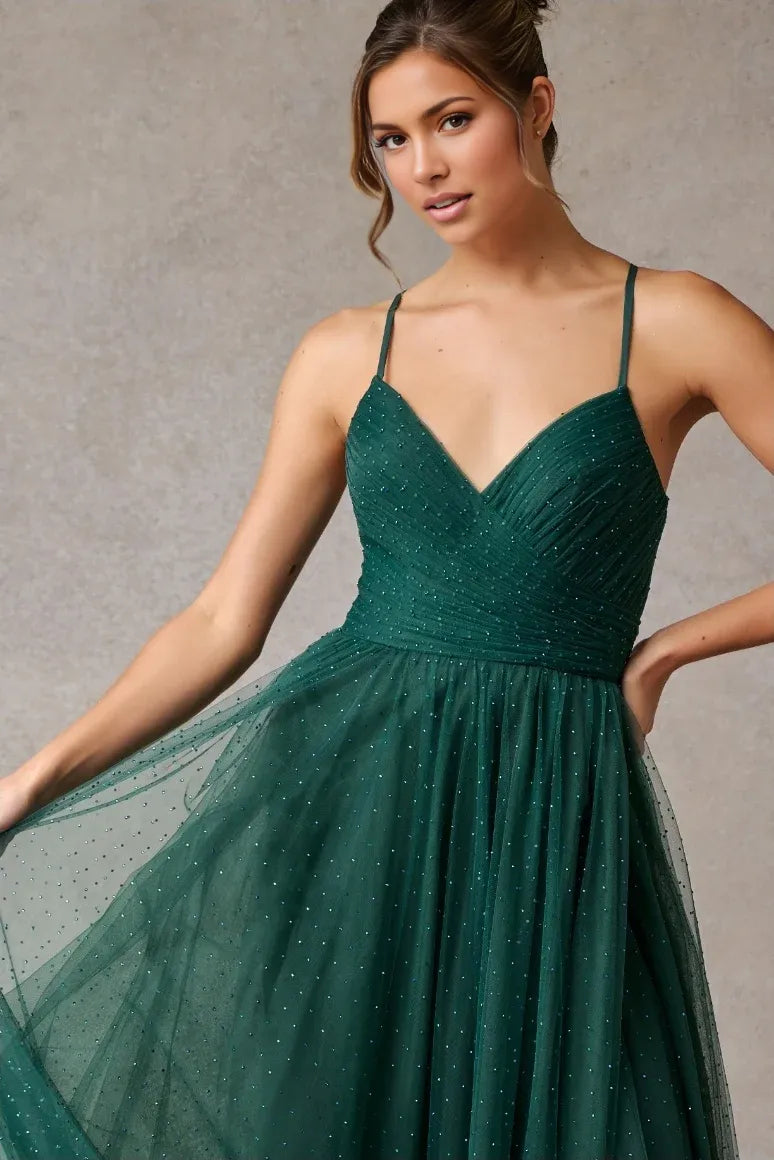 Elegant A-Line V-Neck Spaghetti Strap Tulle Long Beaded Slit Prom Dress